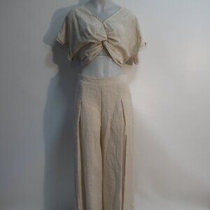 Womens Benaar LA Beige (Item- 40) 2-Pc Set Linen Blend Palazzo Pants Crop Top L